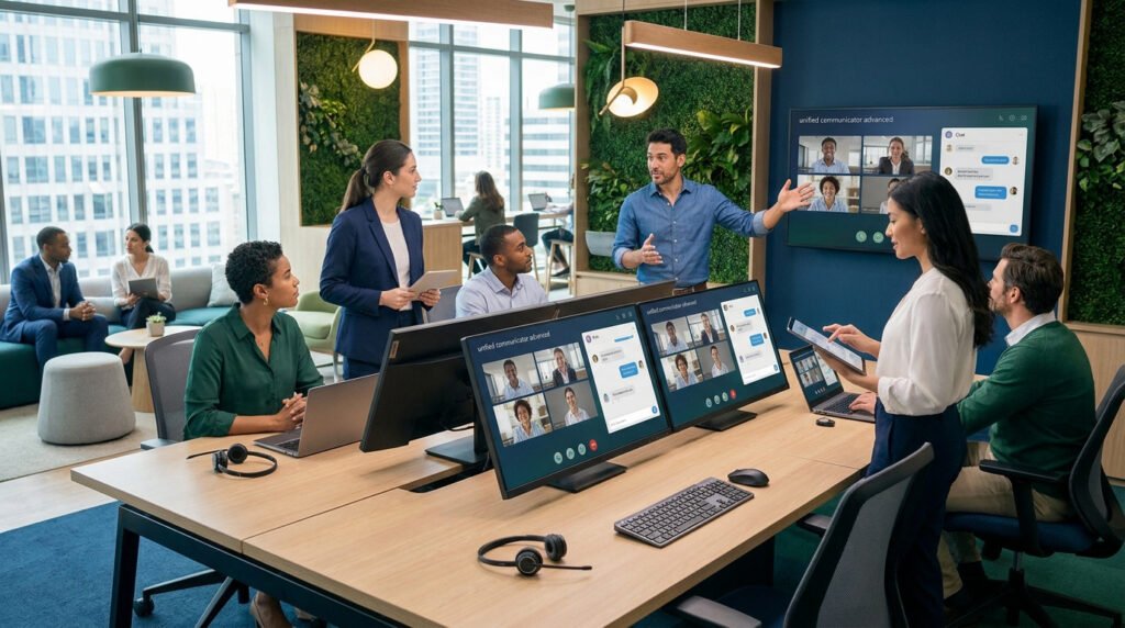 Une équipe collabore dans un bureau moderne en utilisant le logiciel Unified Communicator Advanced sur plusieurs écrans.