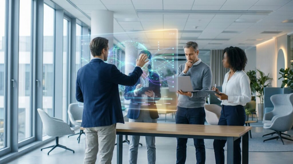 Équipe travaillant sur une interface numérique holographique dans un bureau moderne.