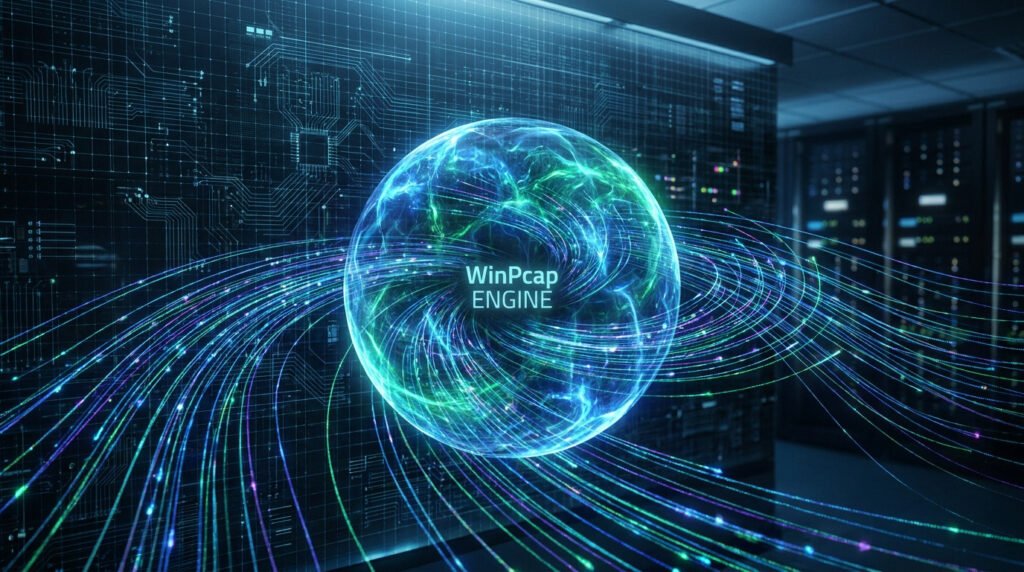 Sphère lumineuse bleue et verte avec le texte WinPcap ENGINE, symbolisant l'analyse de flux de données réseau.