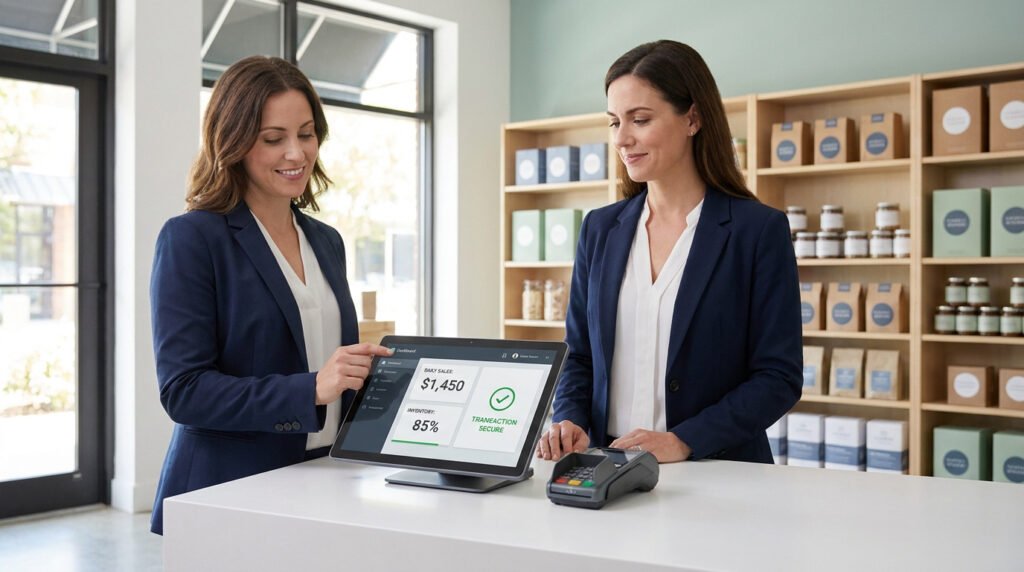 Deux femmes utilisant un logiciel de caisse Cashmag sur tablette tactile dans un magasin.