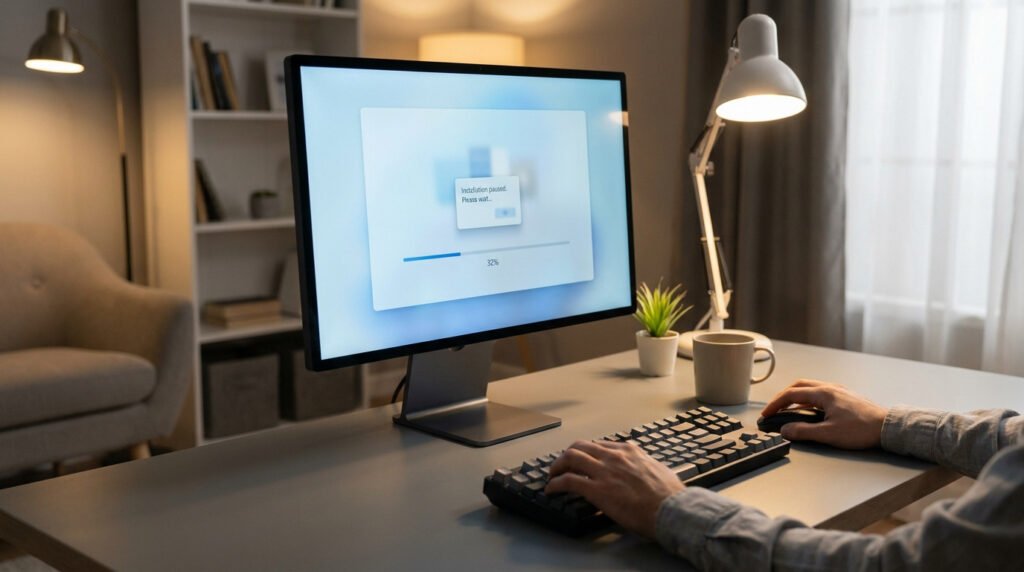 Un écran d'ordinateur affiche une erreur lors d'une installation Windows dans un bureau sombre.